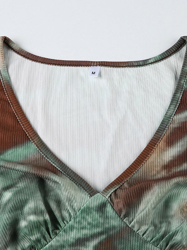 V-NECK TOP WITH GREEN AND BROWN PATTERN - CASUAL LOOSE FIT