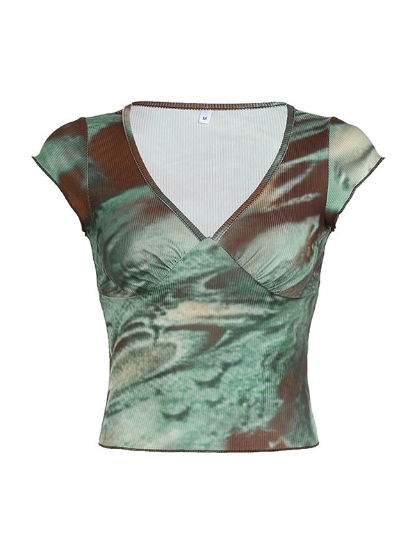 V-NECK TOP WITH GREEN AND BROWN PATTERN - CASUAL LOOSE FIT