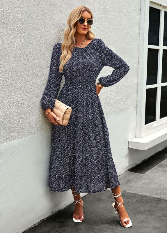 Damen-Midikleid mit Blumenmuster und langen Ärmeln 