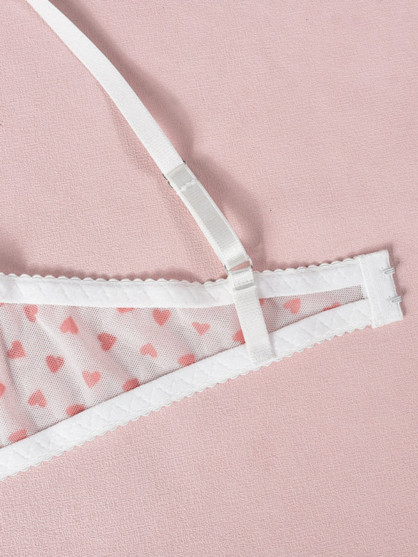 Valentine’s Day heart-shaped print see-through sexy temptation three-point sexy underwear set