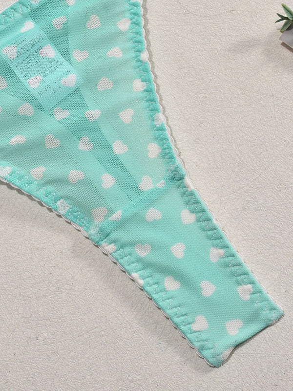 Valentine’s Day heart-shaped print see-through sexy temptation three-point sexy underwear set
