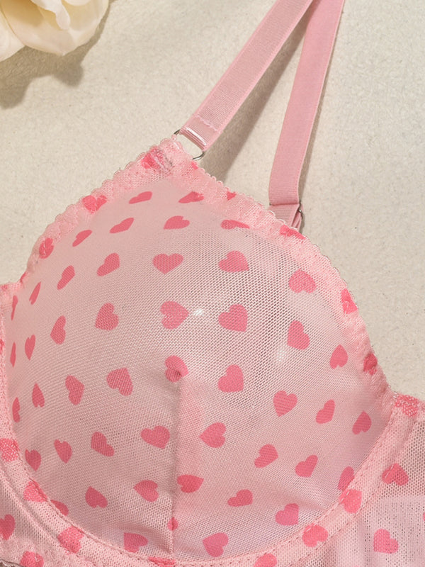 Valentine’s Day heart-shaped print see-through sexy temptation three-point sexy underwear set