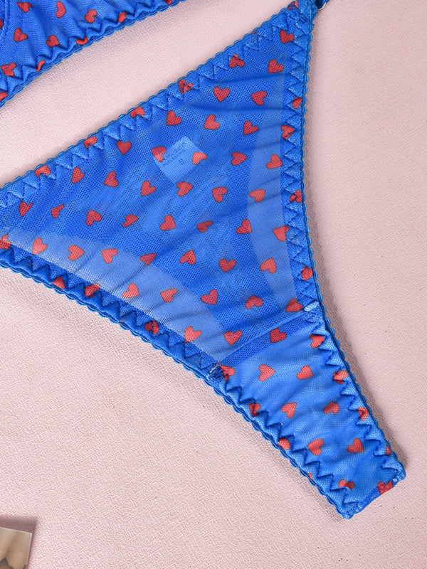 Valentine’s Day heart-shaped print see-through sexy temptation three-point sexy underwear set