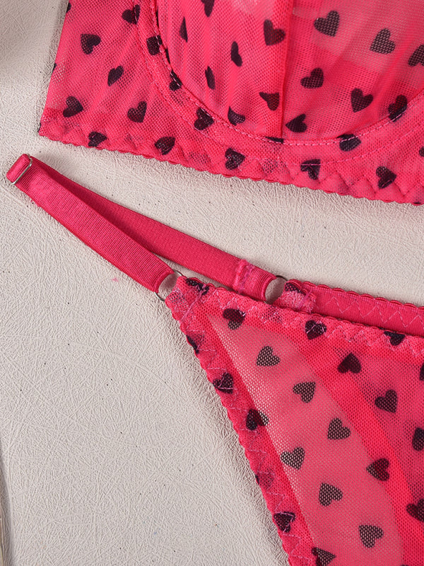Valentine’s Day heart-shaped print see-through sexy temptation three-point sexy underwear set