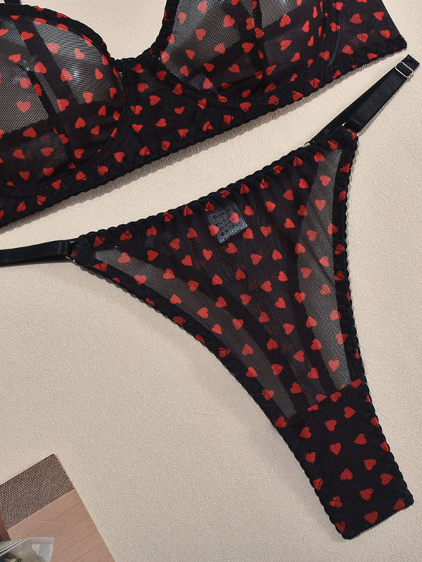 Valentine’s Day heart-shaped print see-through sexy temptation three-point sexy underwear set