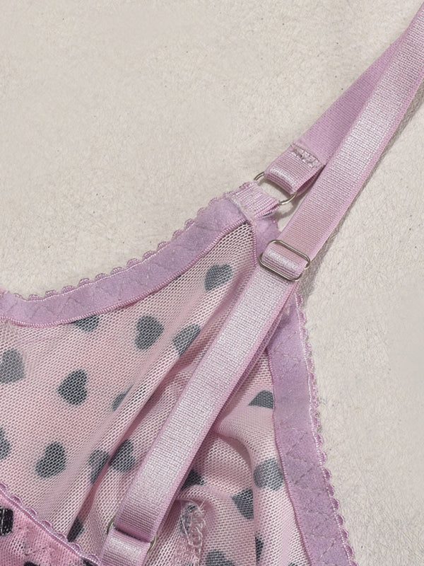 Valentine’s Day heart-shaped print see-through sexy temptation three-point sexy underwear set