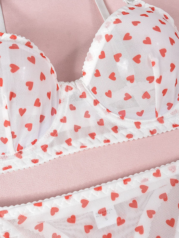 Valentine’s Day heart-shaped print see-through sexy temptation three-point sexy underwear set