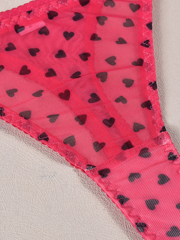 Valentine’s Day heart-shaped print see-through sexy temptation three-point sexy underwear set