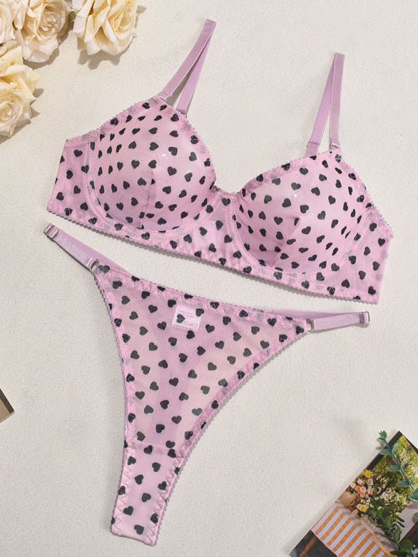 Valentine’s Day heart-shaped print see-through sexy temptation three-point sexy underwear set - Lavender / S