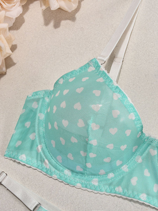 Valentine’s Day heart-shaped print see-through sexy temptation three-point sexy underwear set