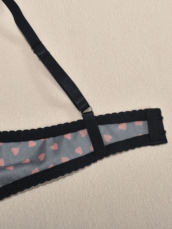 Valentine’s Day heart-shaped print see-through sexy temptation three-point sexy underwear set