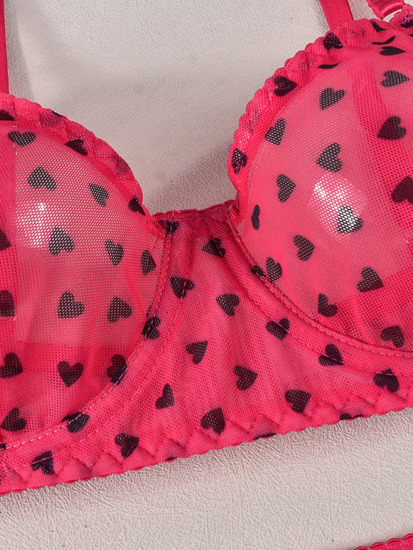 Valentine’s Day heart-shaped print see-through sexy temptation three-point sexy underwear set
