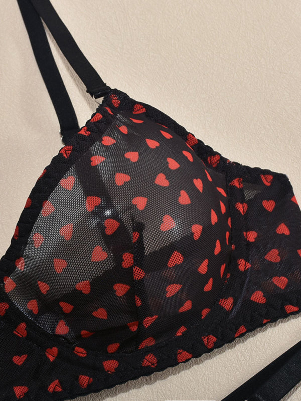 Valentine’s Day heart-shaped print see-through sexy temptation three-point sexy underwear set
