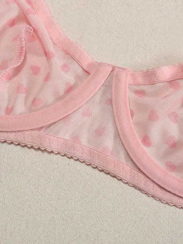 Valentine’s Day heart-shaped print see-through sexy temptation three-point sexy underwear set