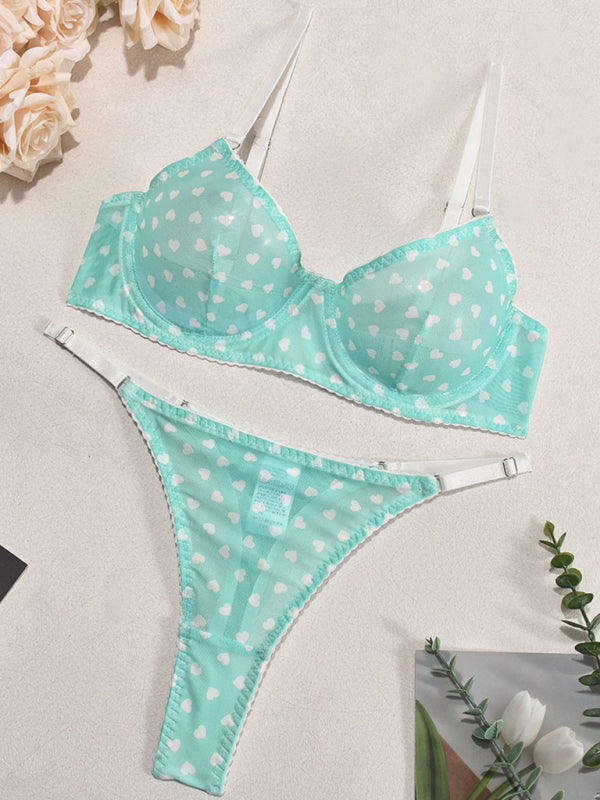 Valentine’s Day heart-shaped print see-through sexy temptation three-point sexy underwear set - Pale green / S