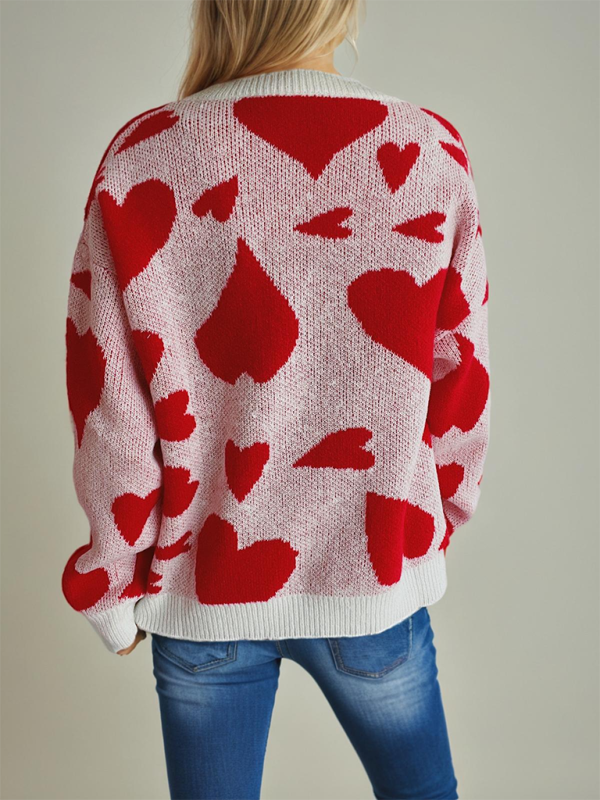 Valentine’s Day Sweater Round Neck Heart Two Color Jacquard Pullover Sweet Knit Sweater