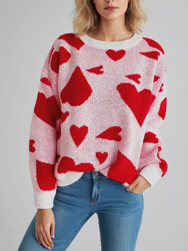 Valentine’s Day Sweater Round Neck Heart Two Color Jacquard Pullover Sweet Knit Sweater