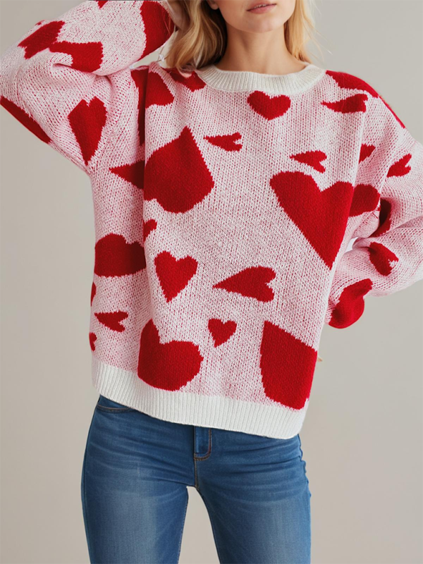 Valentine’s Day Sweater Round Neck Heart Two Color Jacquard Pullover Sweet Knit Sweater