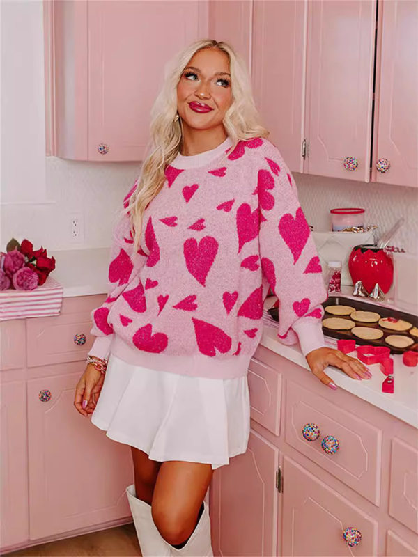 Valentine’s Day Sweater Round Neck Heart Two Color Jacquard Pullover Sweet Knit Sweater
