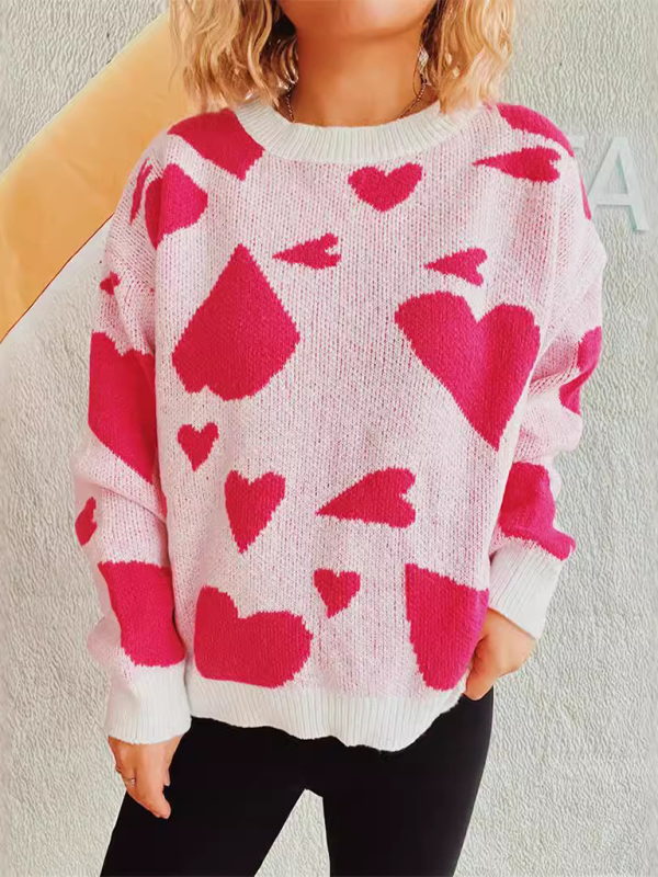 Valentine’s Day Sweater Round Neck Heart Two Color Jacquard Pullover Sweet Knit Sweater - Hot pink / S