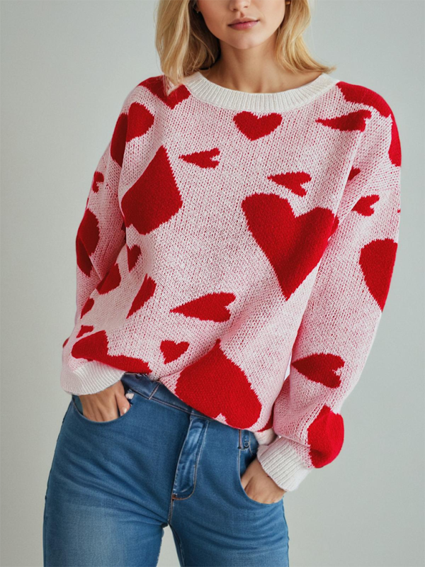 Valentine’s Day Sweater Round Neck Heart Two Color Jacquard Pullover Sweet Knit Sweater - Red / S