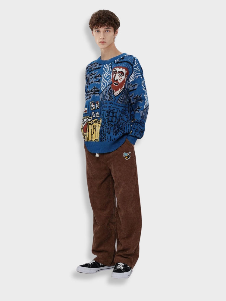 VAN GOGH-INSPIRED OIL KNIT SWEATER IN BLUE
