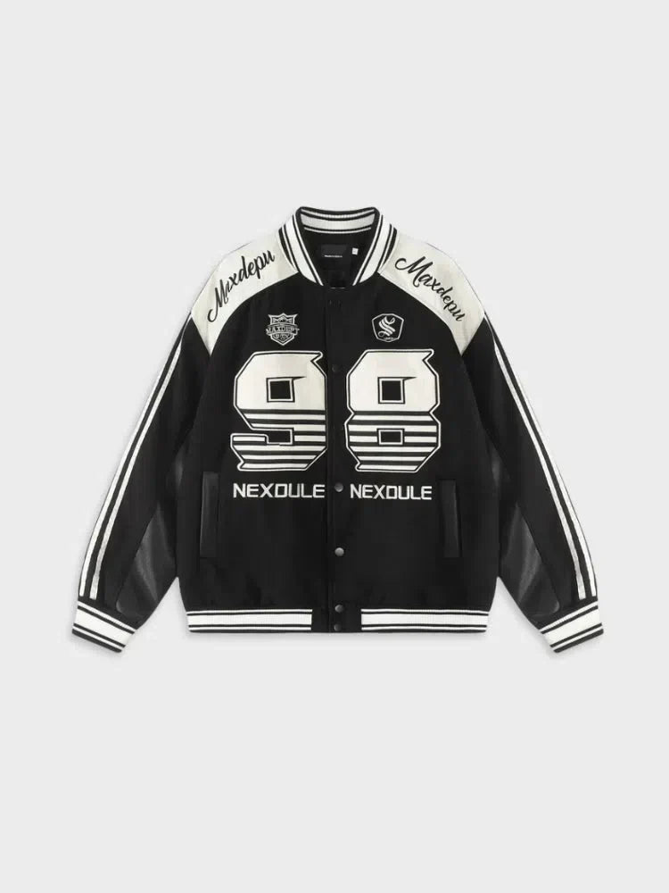 VARSITY JACKET BLACK AND WHITE NEXDULE BOMBER JACKET HEAVY DUTY
