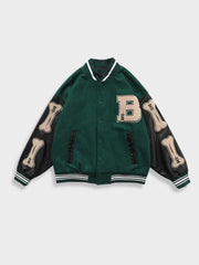 VARSITY JACKET WITH BONE ACCENTS GREEN AND BLACK BASEBALL UNISEXE VINTAGE