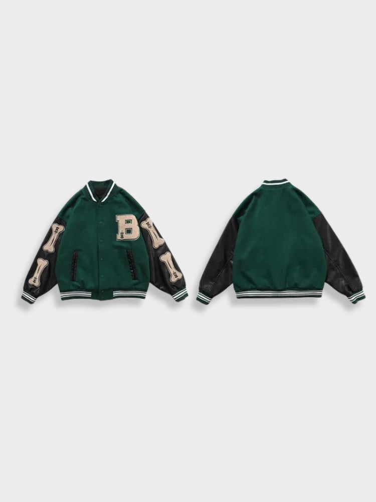 VARSITY JACKET WITH BONE ACCENTS GREEN AND BLACK BASEBALL UNISEXE VINTAGE