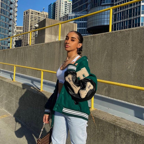 VARSITY JACKET WITH BONE ACCENTS GREEN AND BLACK BASEBALL UNISEXE VINTAGE