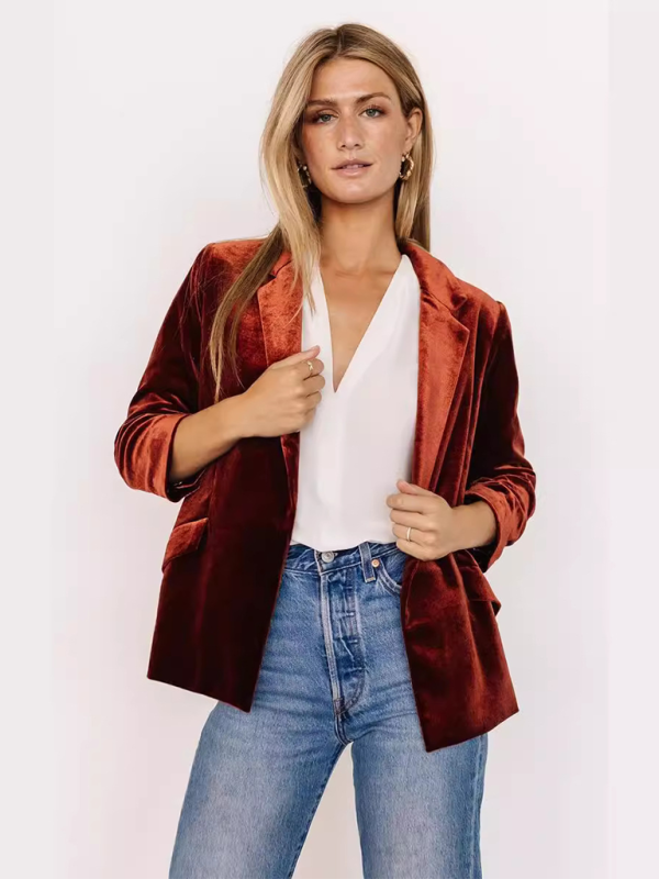 Velvet Slant Pocket Lapel Long Sleeve Blazer - Orange Red / S