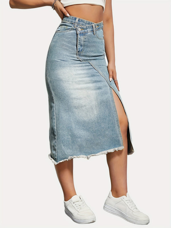 Versatile American retro denim fashionable slit splicing mid-length a-line skirt - Clear blue / S