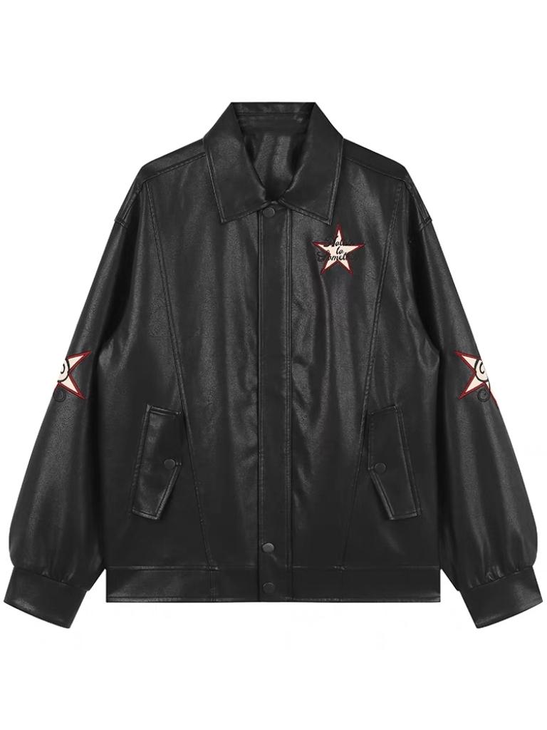 VERSATILE BLACK LEATHER JACKET WITH STAR EMBELLISHMENTS