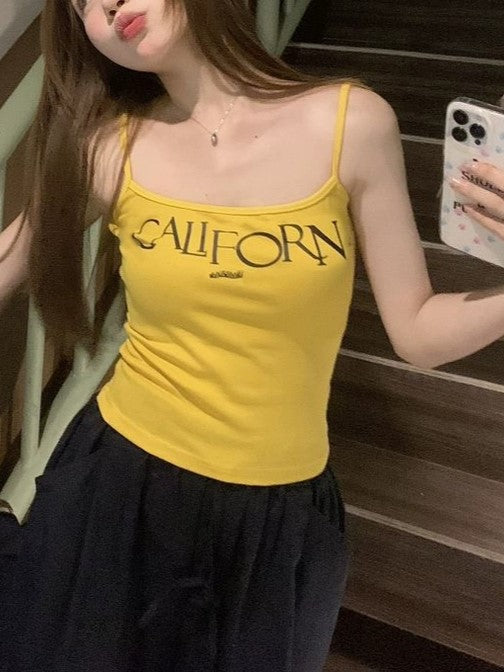 VIBRANT YELLOW CAMI AND BLACK CARGO PANTS SET WITH BOLD LETTER PRINT