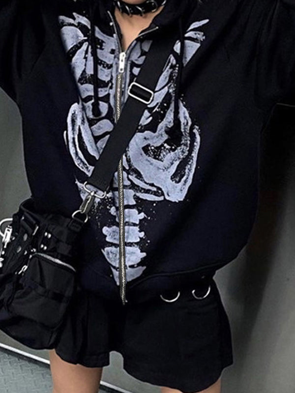 VINTAGE BLACK OVERSIZED ZIP-UP HOODIE WITH SKELETON PRINT