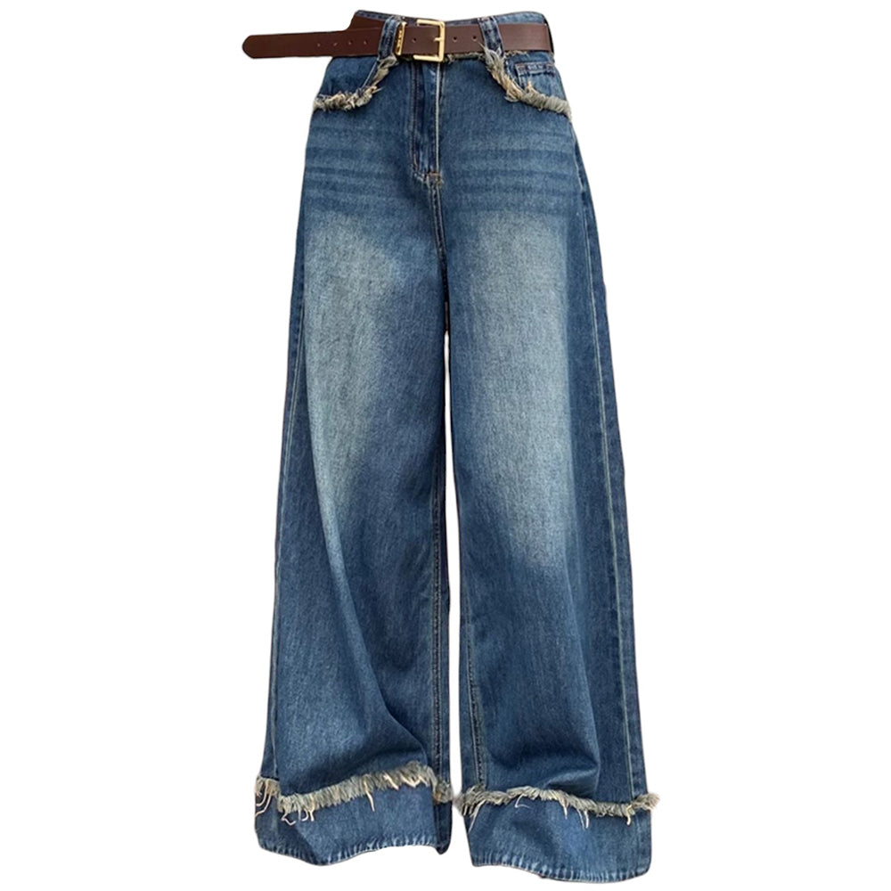 VINTAGE BREEZE HIGH-WAIST WIDE-LEG JEANS WITH FRAYED HEMS FOR EFFORTLESS STYLE