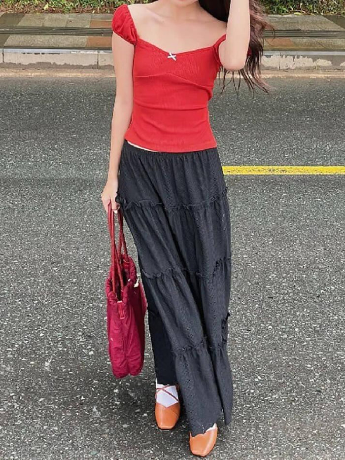 VINTAGE CAP SLEEVE RED TOP AND BLACK SKIRT OUTFIT WITH LACE DETAILS