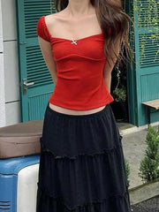 VINTAGE CAP SLEEVE RED TOP AND BLACK SKIRT OUTFIT WITH LACE DETAILS