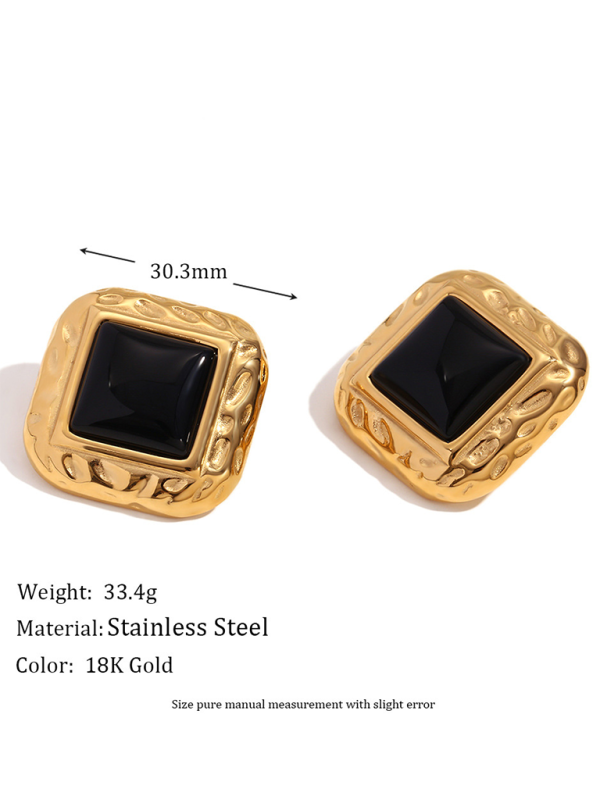 Vintage earrings stainless steel classic hammered pattern square black acrylic earrings - Golden / FREESIZE