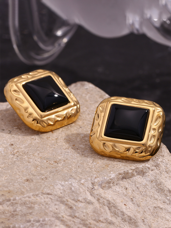 Vintage earrings stainless steel classic hammered pattern square black acrylic earrings - Golden / FREESIZE