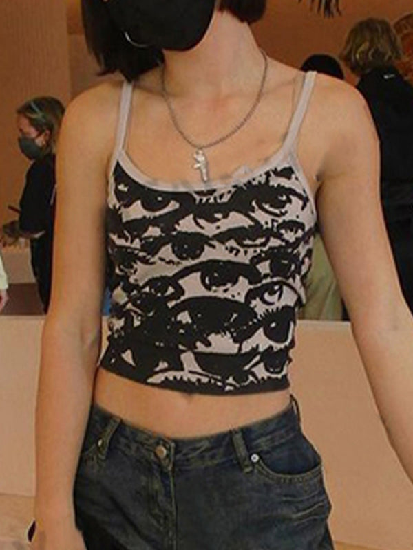 VINTAGE EYE PRINT CROP CAMI TANK TOP IN BLACK AND WHITE PATTERNED DESIGN