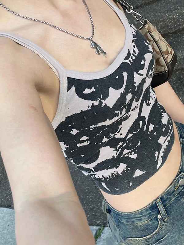 VINTAGE EYE PRINT CROP CAMI TANK TOP IN BLACK AND WHITE PATTERNED DESIGN