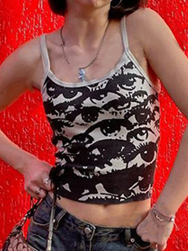 VINTAGE EYE PRINT CROP CAMI TANK TOP IN BLACK AND WHITE PATTERNED DESIGN