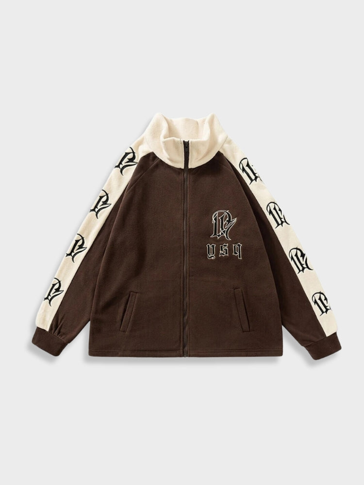 VINTAGE FLEECE JACKET IN BROWN AND CREAM VARSITY STYLE