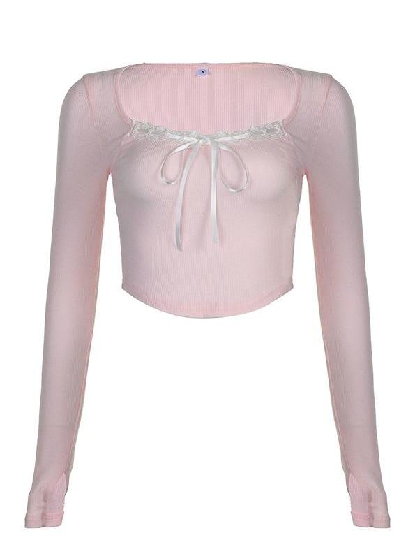 VINTAGE PINK KNIT LONG-SLEEVED TOP WITH LACE TRIM