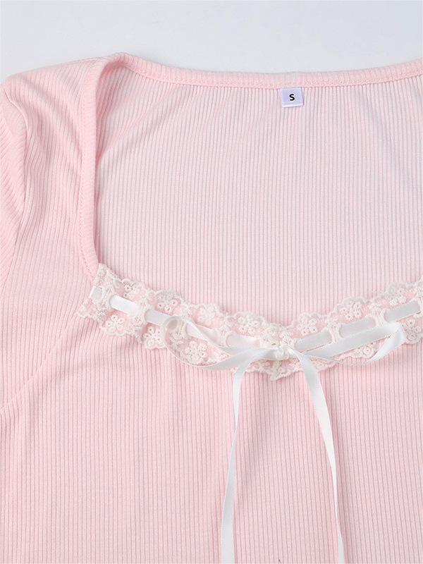 VINTAGE PINK KNIT LONG-SLEEVED TOP WITH LACE TRIM