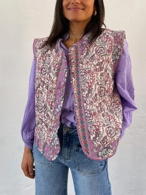 Vintage Print Quilted Cotton Vest - Purple / S