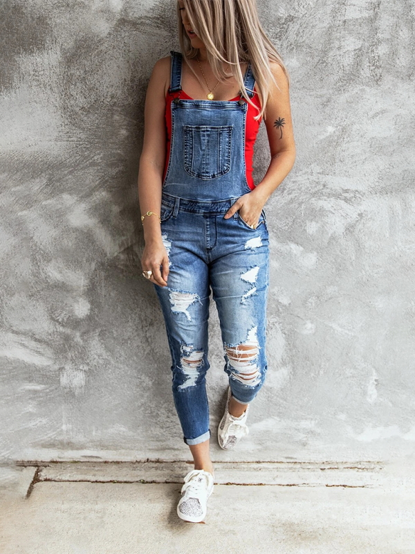 Vintage ripped stretch denim overalls - Clear blue / S