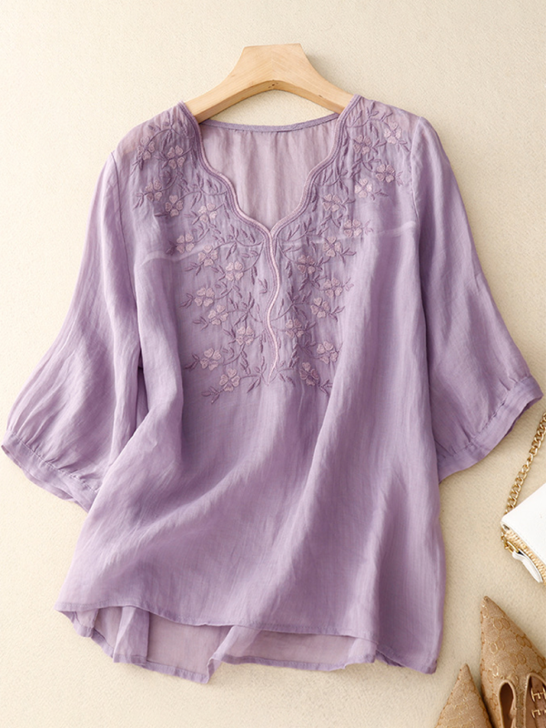 Vintage V-neck embroidered T-shirt top - Violet / M