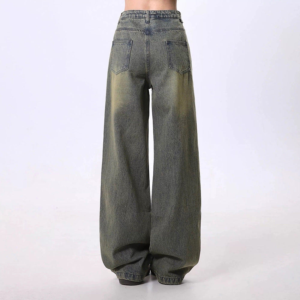 VINTAGE WIDE-LEG FADED DENIM JEANS WITH HEART-SHAPED CUTOUTS AND STAR DISTRESSED DETAILS